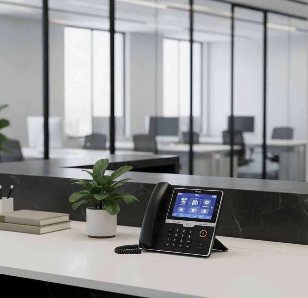 Omstillingsbord til erhverv vist med moderne IP bordtelefon på skrivebord i åbent kontormiljø