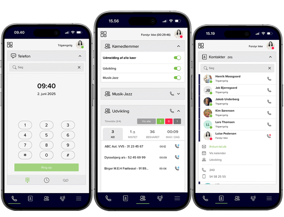 Smart omstillingsbord app på tre smartphones med tastatur, køoverblik og kontaktliste